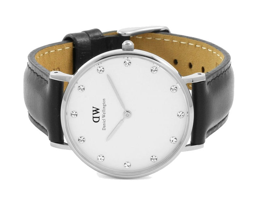 Daniel Wellington Classy Sheffield White Dial Black Leather Strap Watch For Women - DW00100080