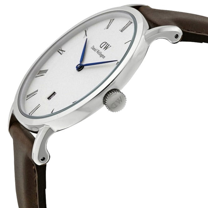 Daniel Wellington Dapper Bristol White Dial Brown Leather Strap Watch For Women - DW00100090
