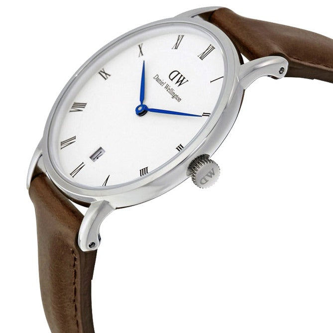 Daniel Wellington Dapper Bristol White Dial Brown Leather Strap Watch For Women - DW00100098
