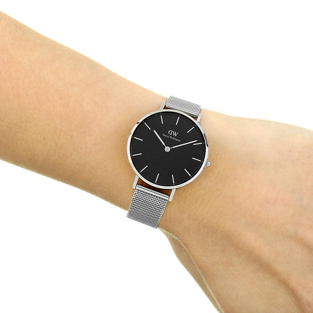 Daniel Wellington Classic Petite Sterling Black Dial Silver Mesh Bracelet Watch For Women - DW00100162