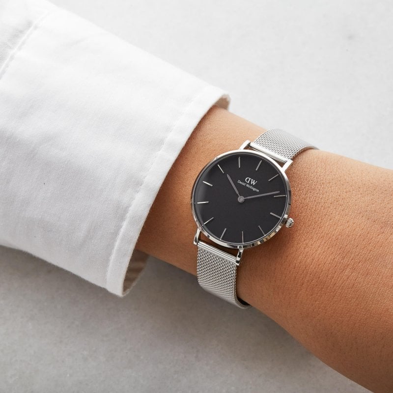 Daniel Wellington Classic Petite Sterling Black Dial Silver Mesh Bracelet Watch For Women - DW00100162