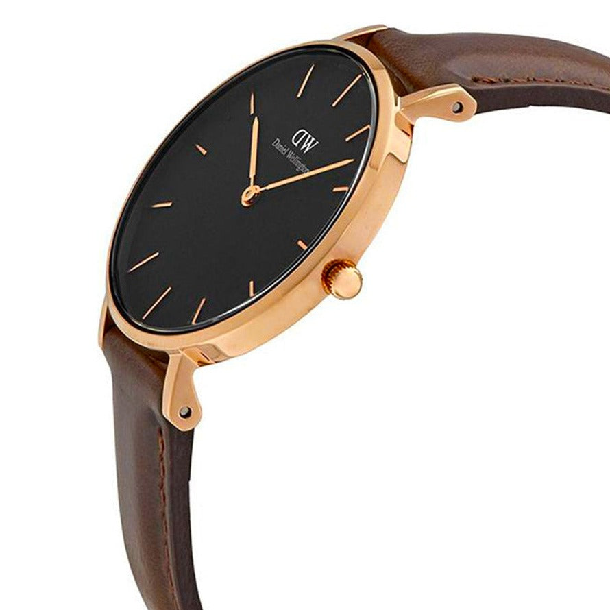 Daniel Wellington Classic Petite Bristol Black Dial Brown Leather Strap Watch For Women - DW00100165