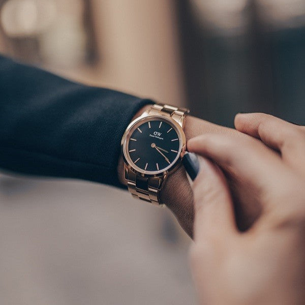 Daniel Wellington Iconic Link Black Dial Rose Gold Steel Strap Watch for Women - DW00100212