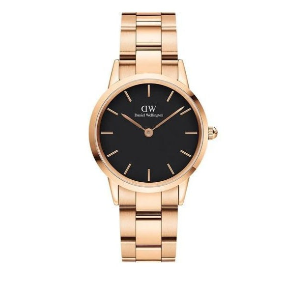 Daniel Wellington Iconic Link Black Dial Rose Gold Steel Strap Watch for Women - DW00100212