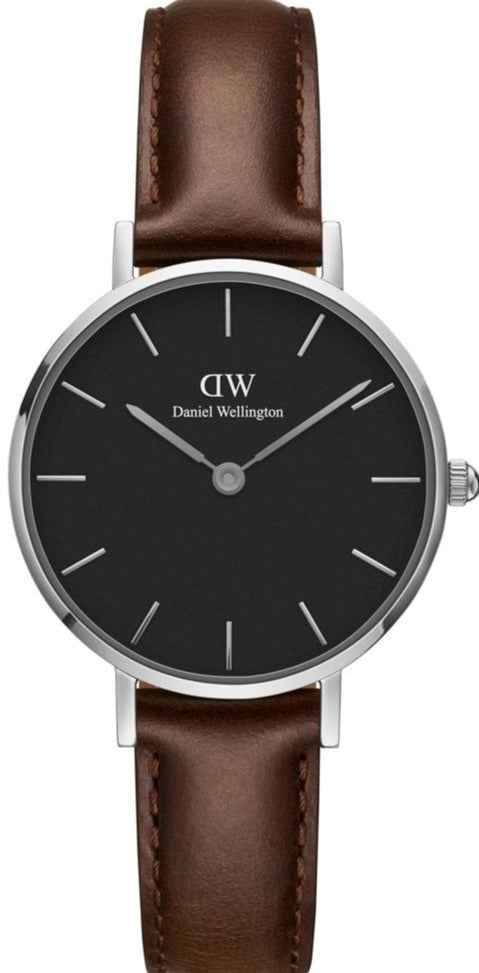 Daniel Wellington Classic Petite Bristol Black Dial Brown Leather Strap Watch For Women - DW00100233