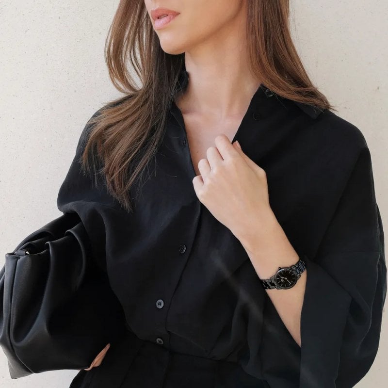 Daniel Wellington Iconic Link Ceramic Black Dial Black Steel Strap Watch For Women - DW00100415