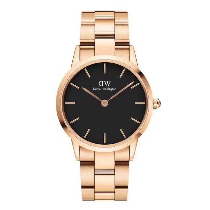Daniel Wellington Iconic Link Black Dial Rose Gold Steel Strap Watch for Women - DW00100210