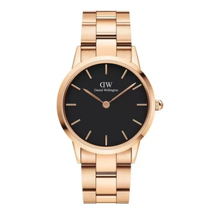 Daniel Wellington Iconic Link Black Dial Rose Gold Steel Strap Watch for Women - DW00100210