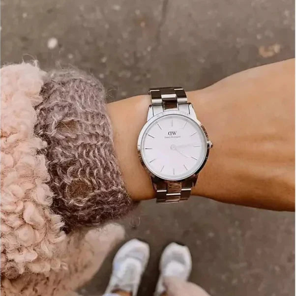 Daniel Wellington Iconic Link White Dial Silver Steel Strap Watch For Women - DW00100205