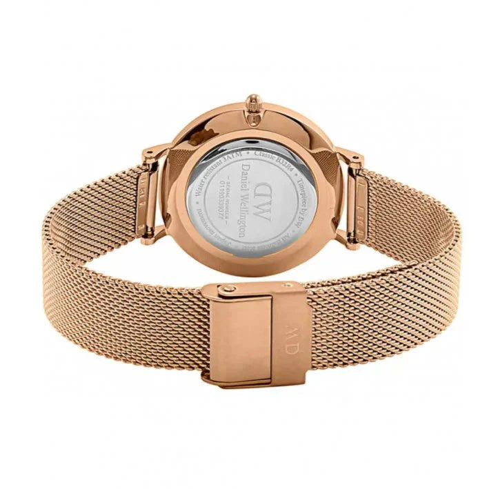 Daniel Wellington Petite Melrose Black Dial Rose Gold Mesh Strap Watch For Women - DW00100303