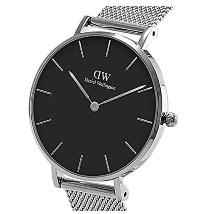 Daniel Wellington Petite Sterling Black Dial Silver Mesh Bracelet Watch For Women - DW00100304