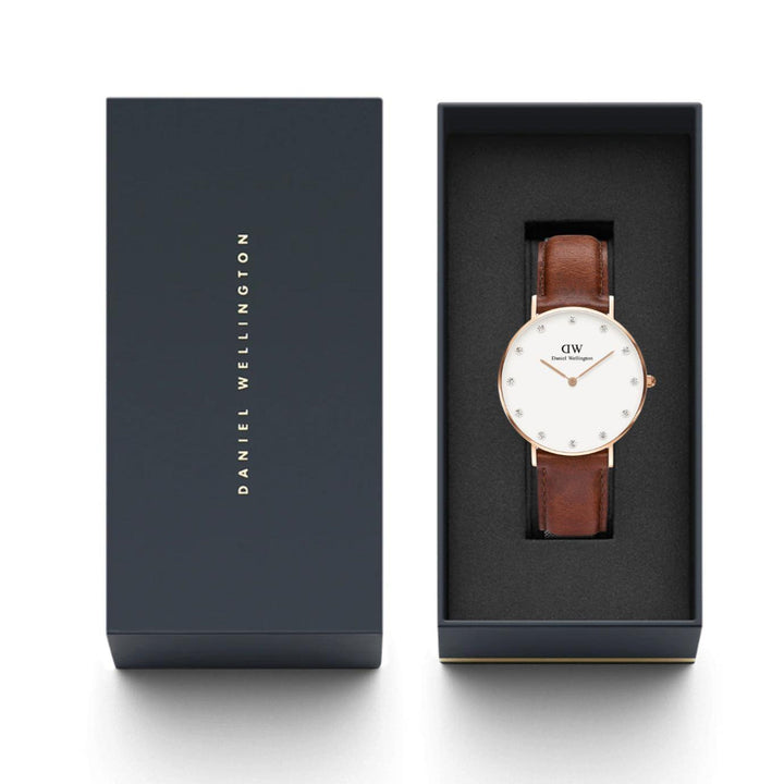 Daniel Wellington Classy St Mawes White Dial Brown Leather Strap Watch For Women - DW00100075