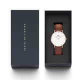 Daniel Wellington Classy St Mawes White Dial Brown Leather Strap Watch For Women - DW00100075