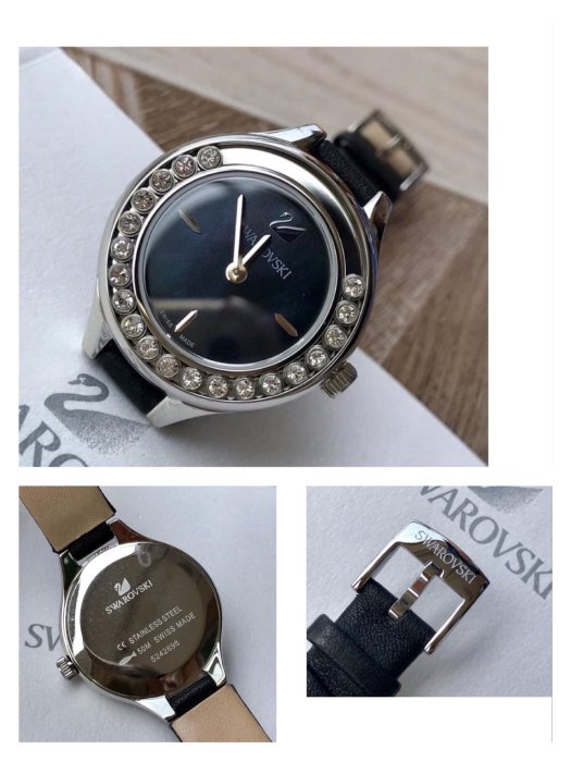 Swarovski Lovely Crystals Mother of Pearl Black Dial Black Leather Strap Watch for Women - 5242898