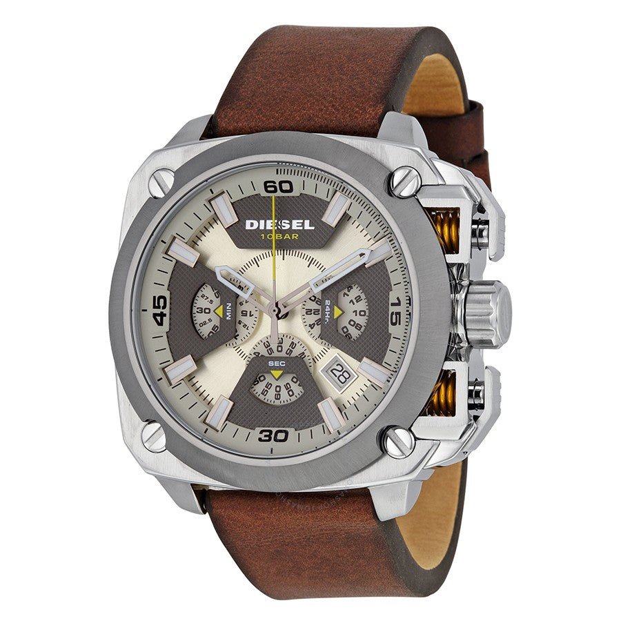 Diesel BAMF Chronograph Beige Dial Brown Leather Strap Watch For Men - DZ7343