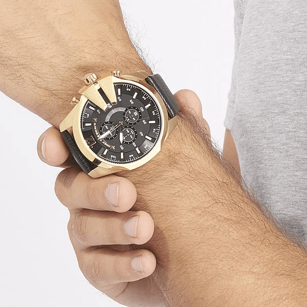 Diesel Mega Chief Chronograph Black Dial Black Leather Strap Watch For Men - DZ4344