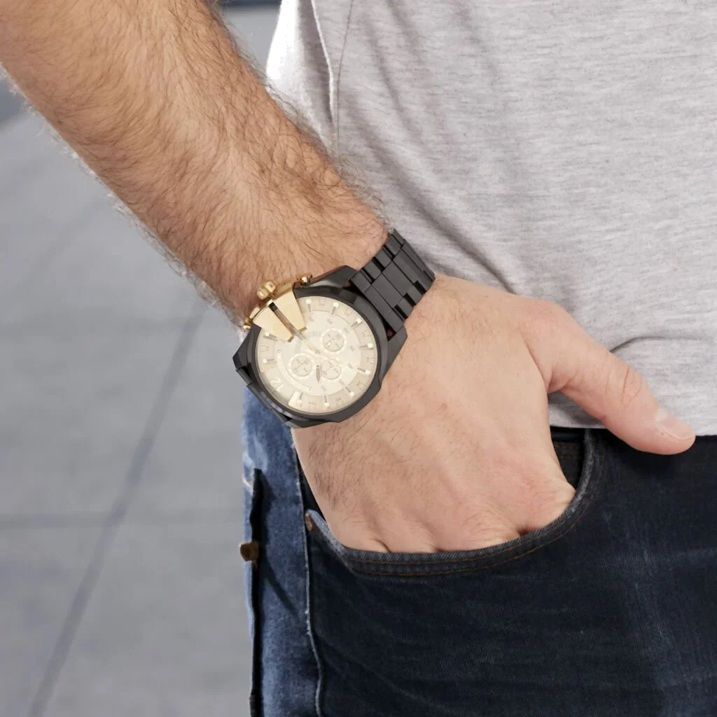 Diesel Mega Chief Chronograph Gold Dial Black Steel Strap Watch For Men - DZ4485