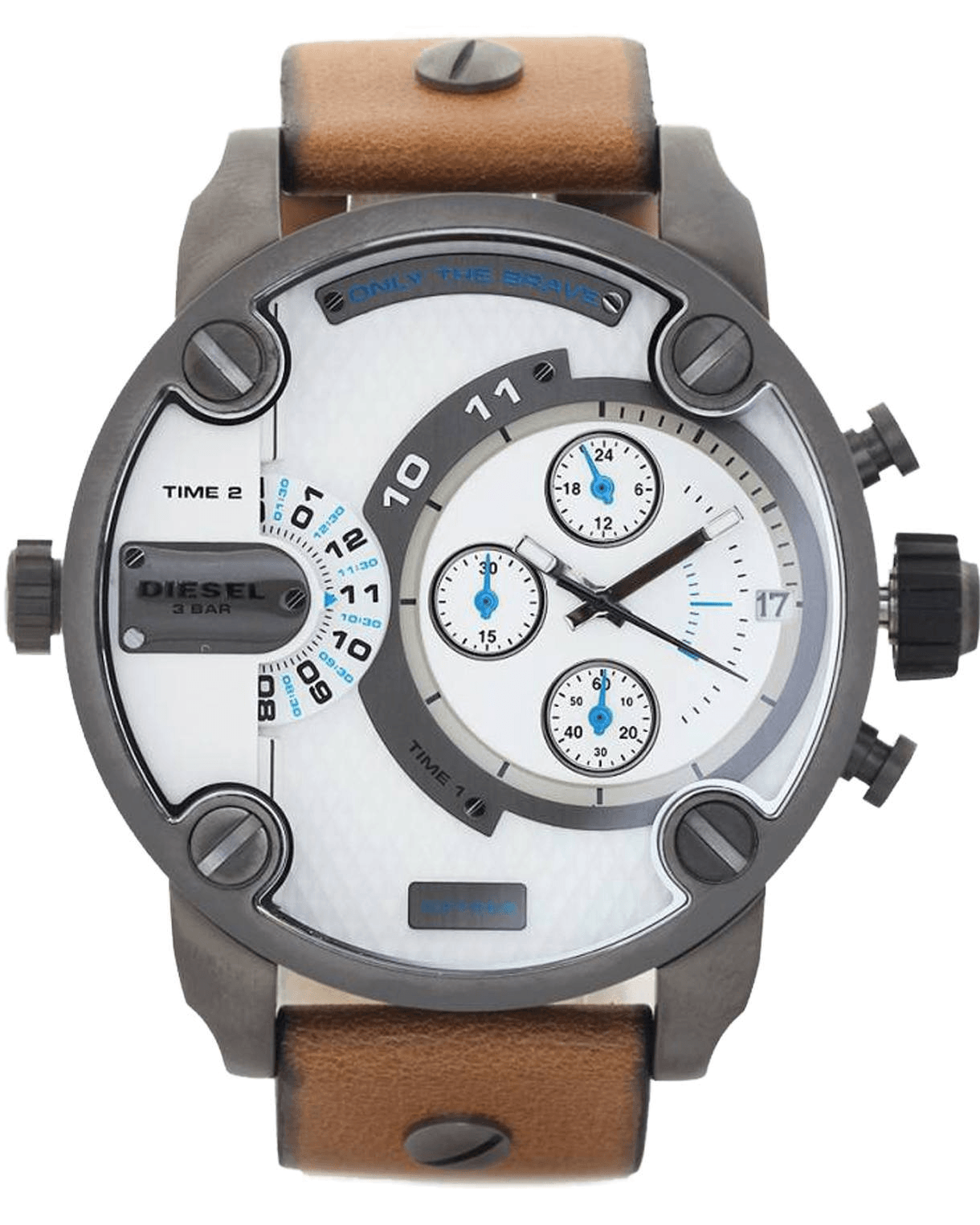 Diesel SBA Dual Time Chronograph White Dial Brown Leather Strap Watch For Men - DZ7269