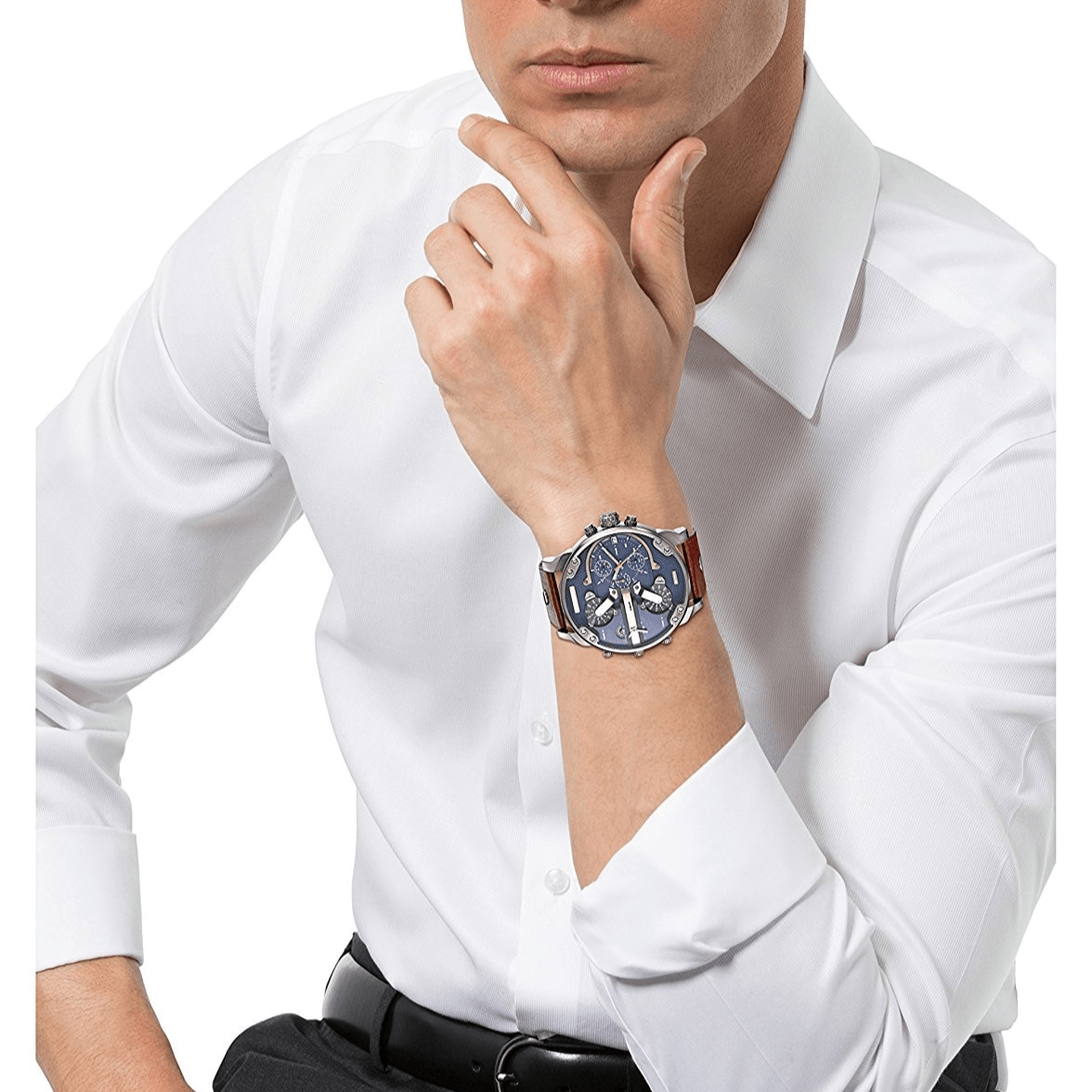 Diesel Mr Daddy Chronograph Blue Dial Brown Leather Strap Watch For Men - DZ7314