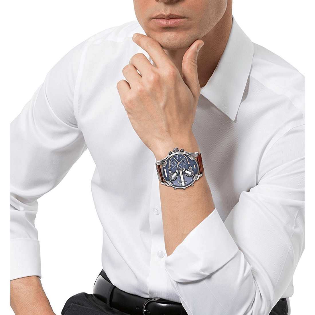 Diesel Mr Daddy Chronograph Blue Dial Brown Leather Strap Watch For Men - DZ7314