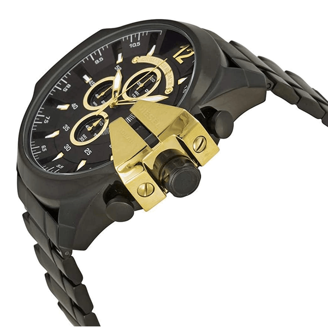 Diesel Mega Chief Chronograph Black Dial Black Steel Strap Watch For Men - DZ4338