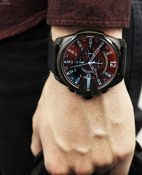 Diesel Mega Chief Chronograph Black Dial Black Leather Strap Watch For Men - DZ4323