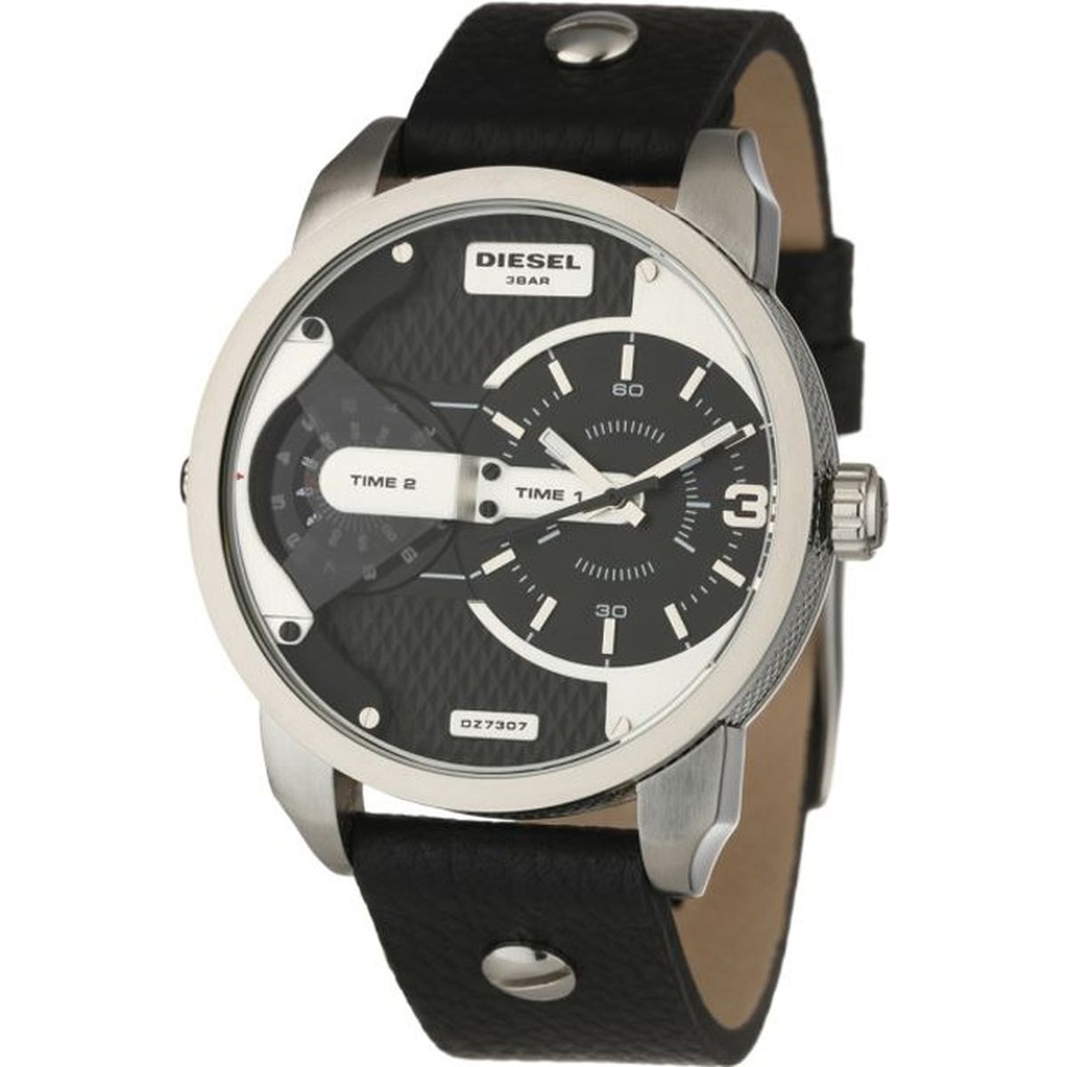 Diesel Mini Daddy Black Silver Dial Black Leather Strap Watch For Men - DZ7307