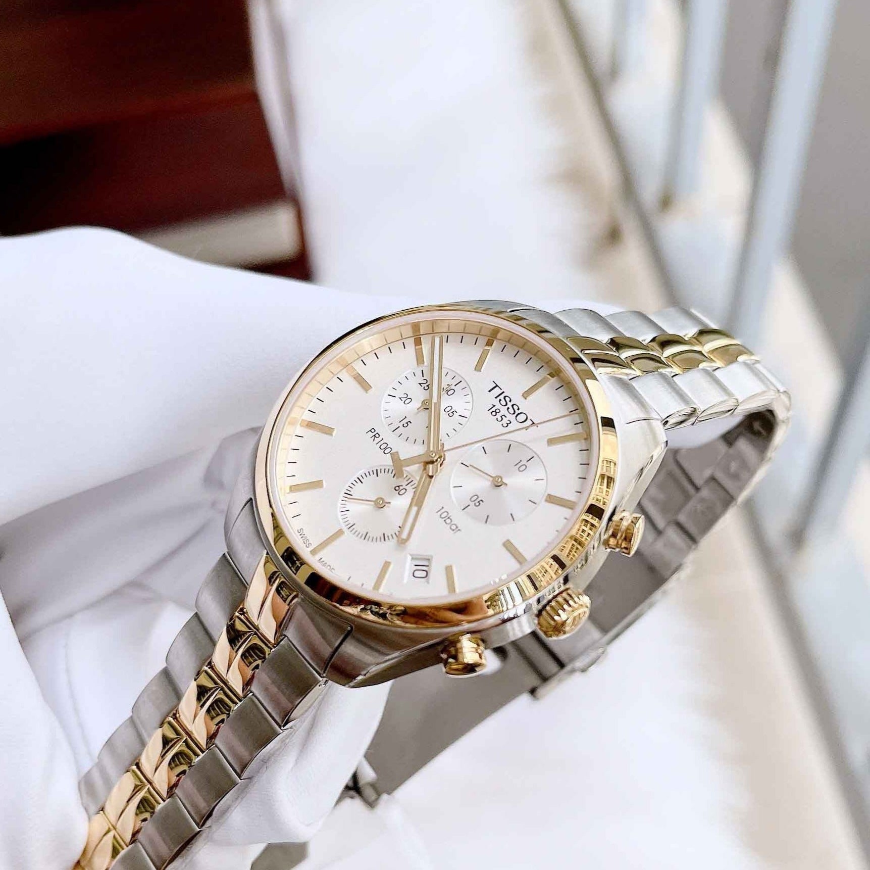 Tissot T Sport PR 100 Chronograph White Dial Two Tone Steel Strap Watch For Men - T101.417.22.031.00