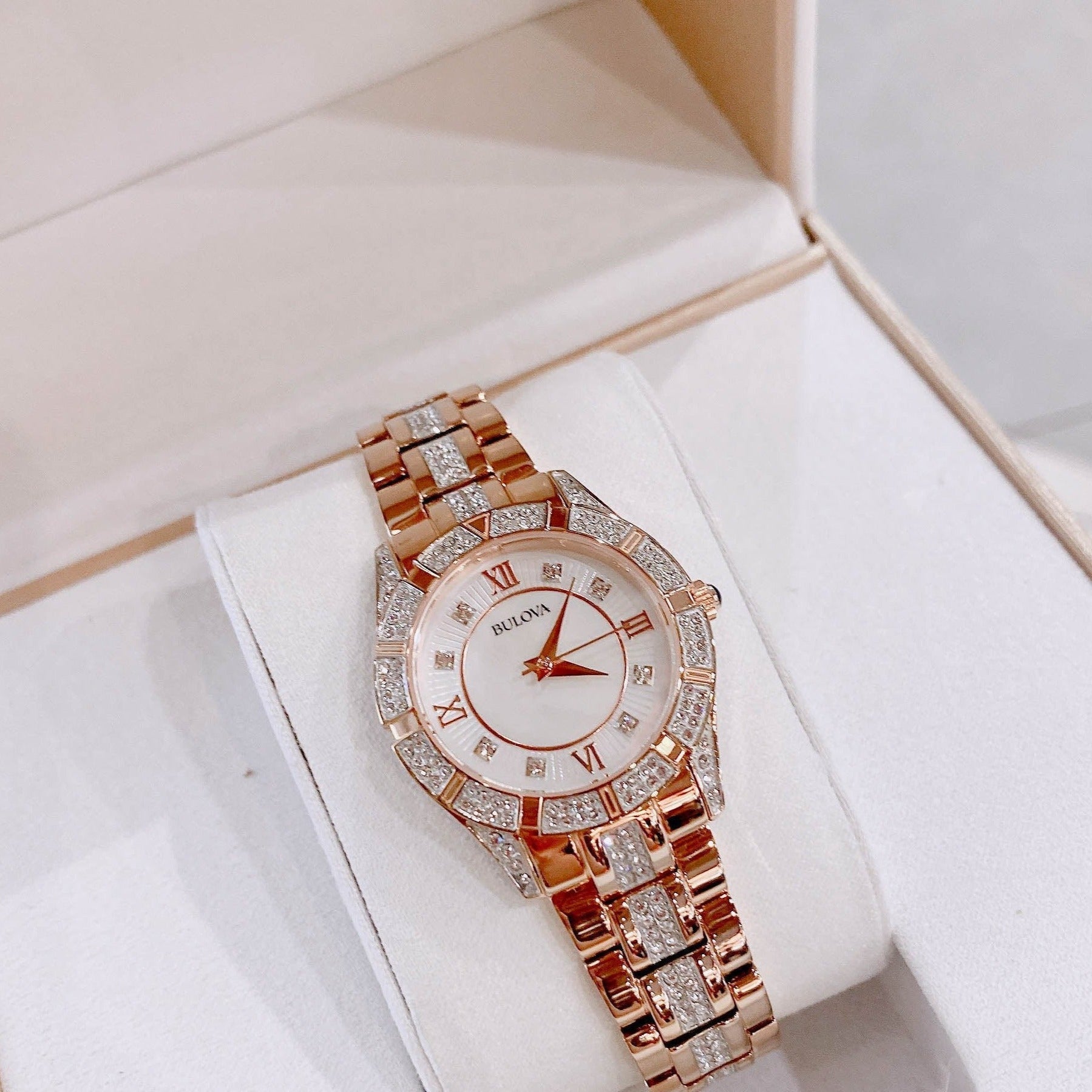 Bulova Crystal Mother of Pearl Dial Rose Gold Steel Strap Watch for Women - 98L197