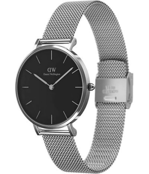 Daniel Wellington Classic Petite Sterling Black Dial Silver Mesh Bracelet Watch For Women - DW00100162