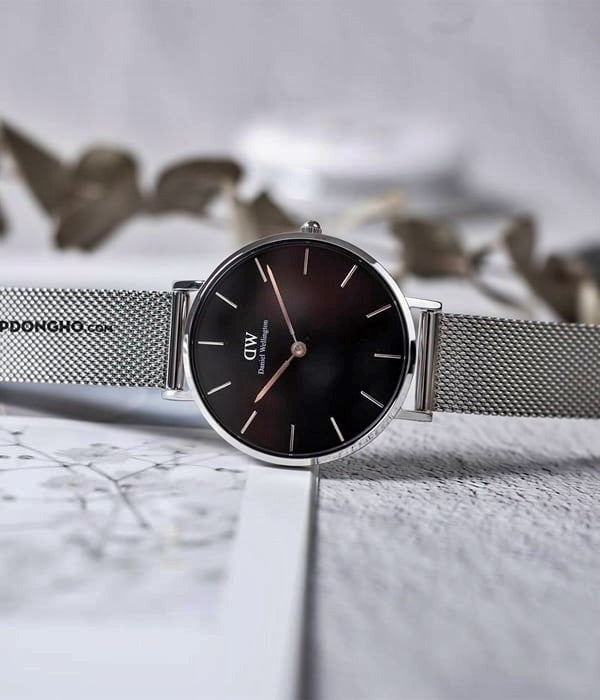 Daniel Wellington Classic Petite Sterling Black Dial Silver Mesh Bracelet Watch For Women - DW00100162