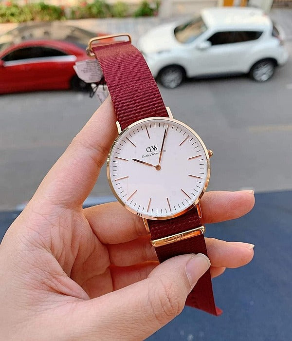 Daniel Wellington Classic Roselyn White Dial Maroon Nylon Strap Watch For Women - DW00100267