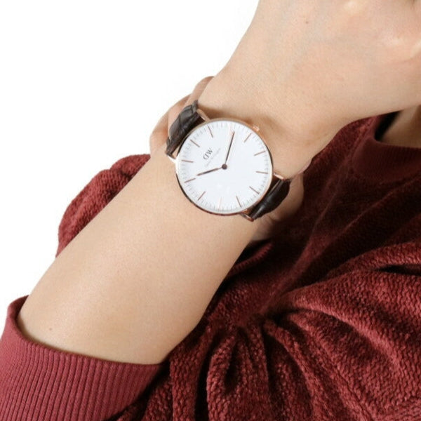 Daniel Wellington Classic York White Dial Brown Leather Strap Watch For Women - DW00100038