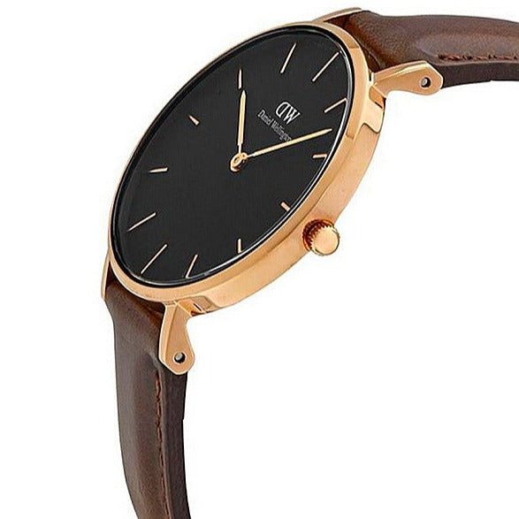 Daniel Wellington Classic Petite Bristol Black Dial Brown Leather Strap Watch For Women - DW00100165