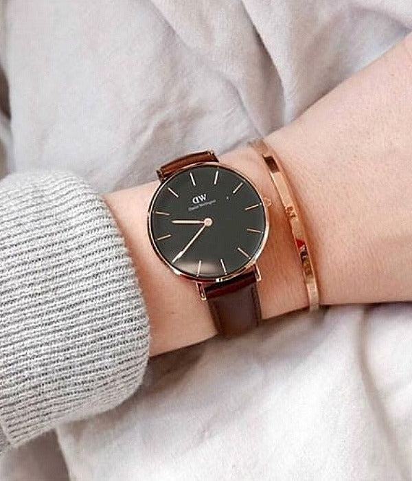 Daniel Wellington Classic Petite Bristol Black Dial Brown Leather Strap Watch For Women - DW00100165