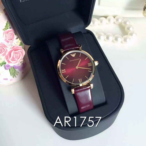 Emporio Armani Gianni T Bar Burgundy Dial Burgundy Leather Strap Watch For Women - AR1757