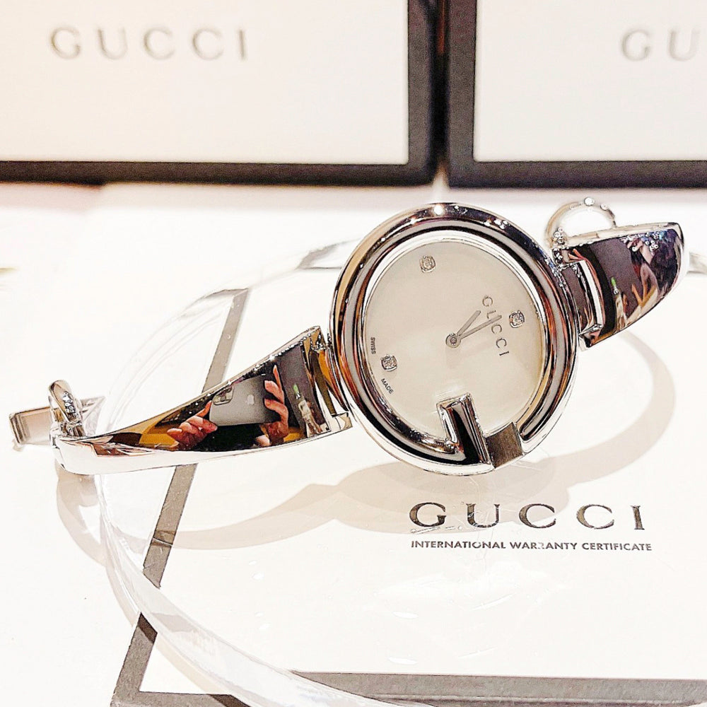 Gucci Guccissima Diamonds Mother of Pearl Dial Silver Steel Strap Watch For Women - YA134303
