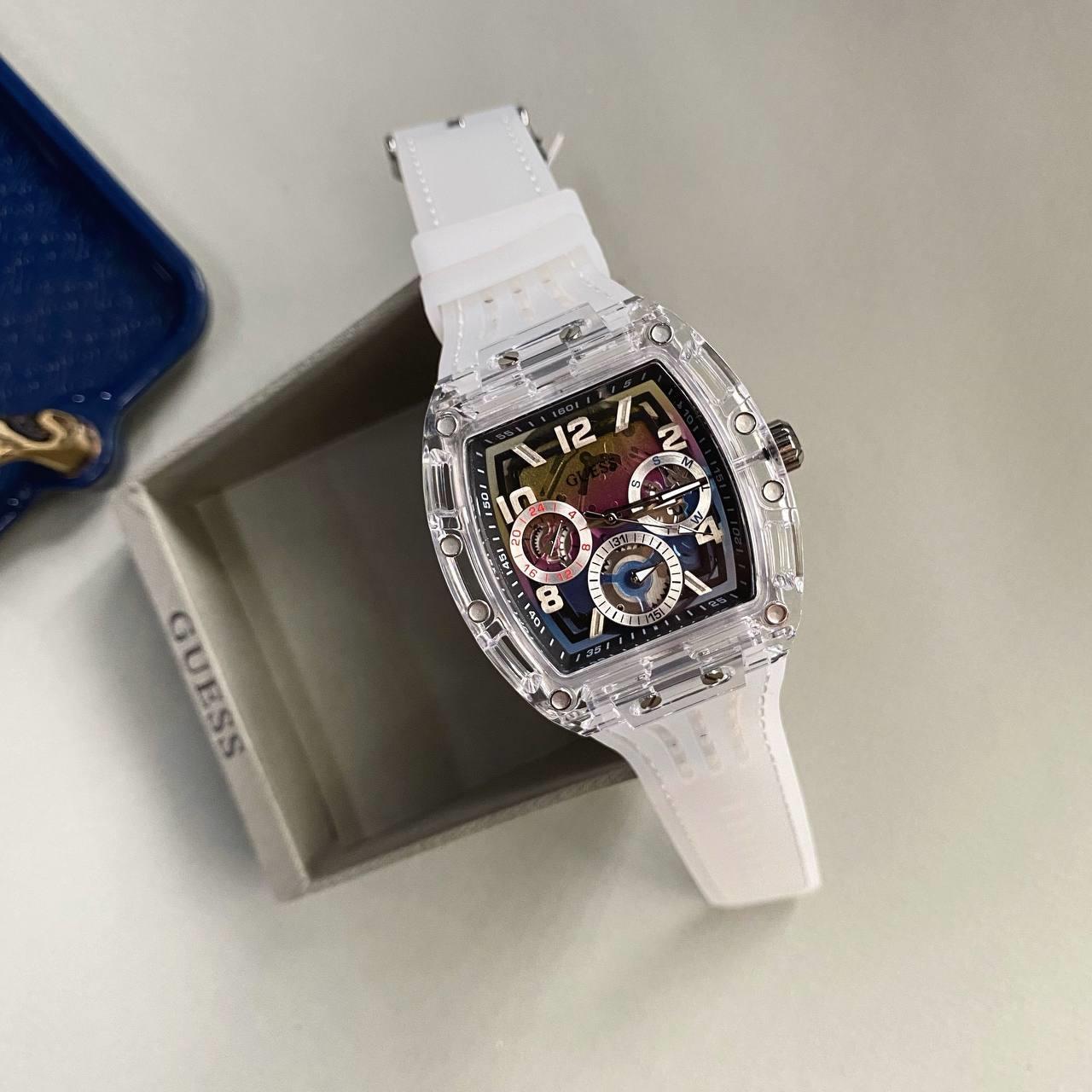 Guess Phoenix Polycarbonate Clear Multi-function Black Dial Clear Rubber Strap Watch for Men - GW0499G3