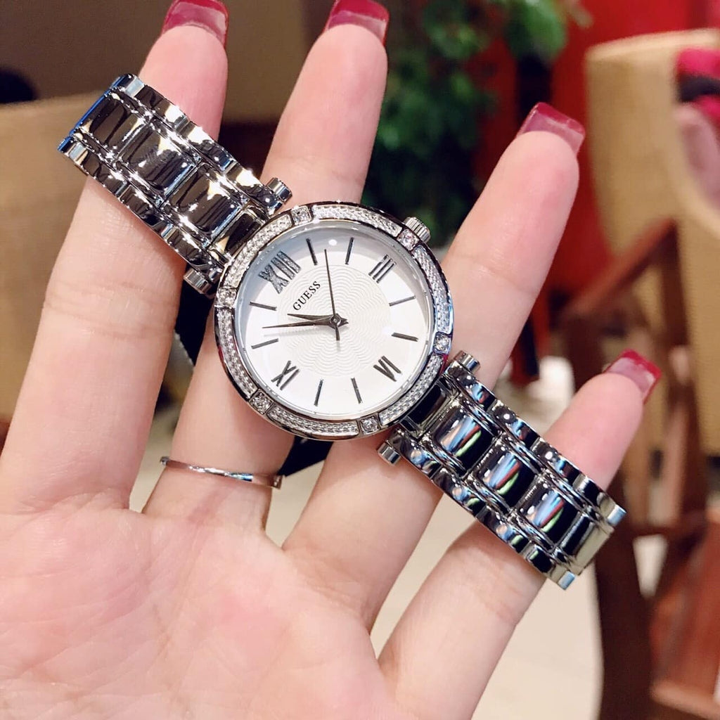 Guess Park Ave White Dial Silver Steel Strap Watch for Women - W0767L1