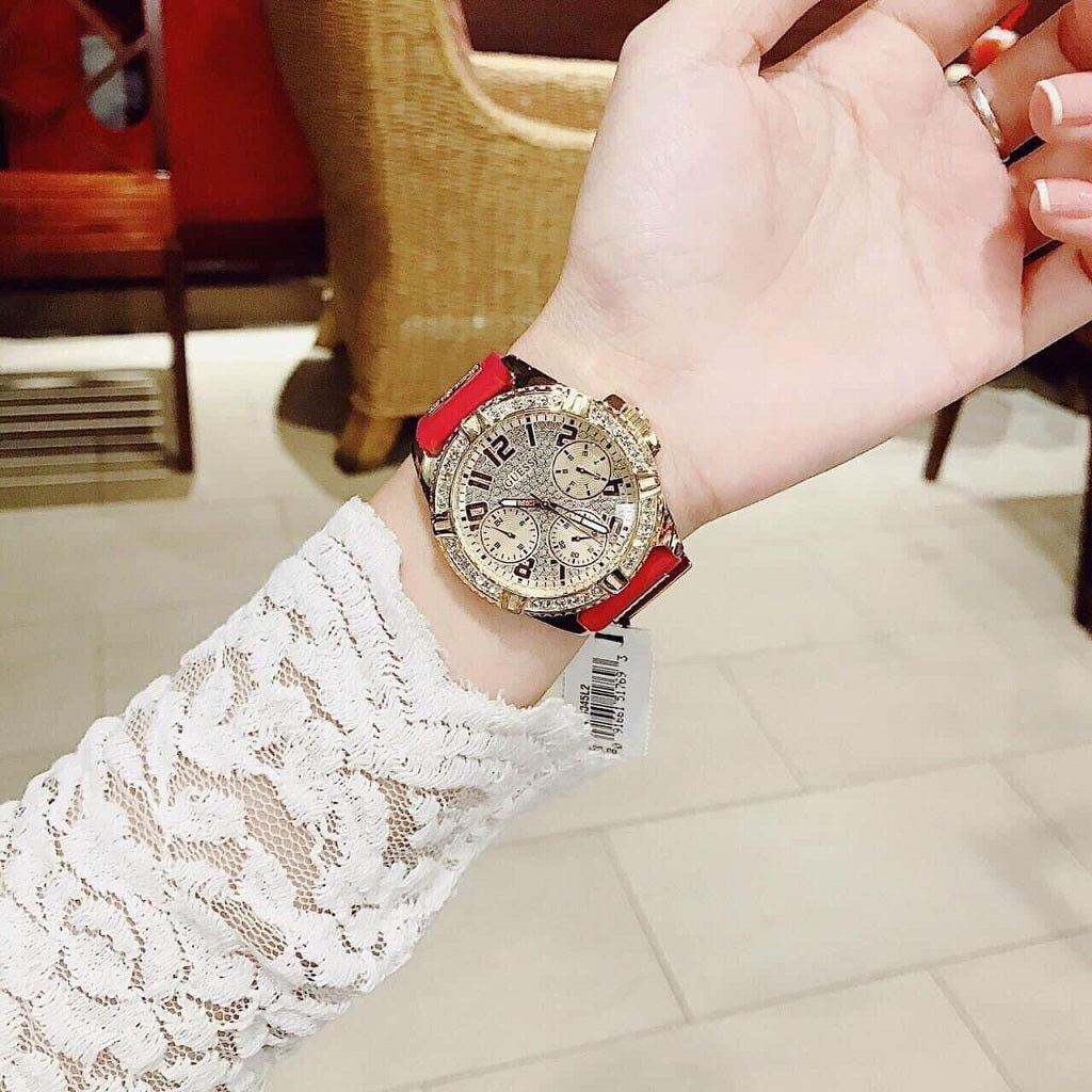 Guess Frontier Diamonds Gold Dial Red Rubber Strap Watch for Women - GW0045L2