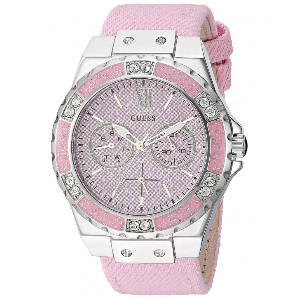 Guess Limelight Quartz Diamonds Pink Dial Pink Denim Strap Watch For Women - W0775l15