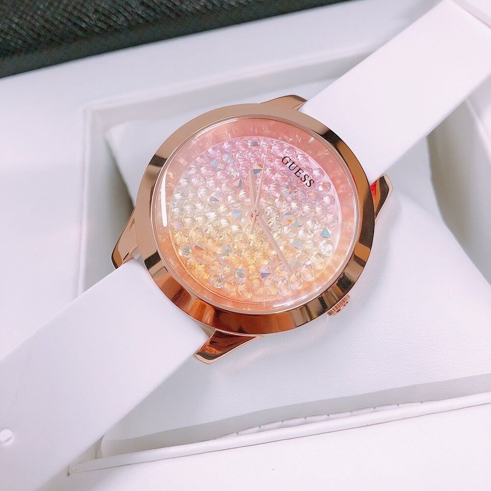 Guess Crush Crystals Gold Dial White Rubber Strap Watch for Women - W1223L3