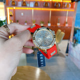 Guess Frontier Diamonds Gold Dial Red Rubber Strap Watch for Women - GW0045L2