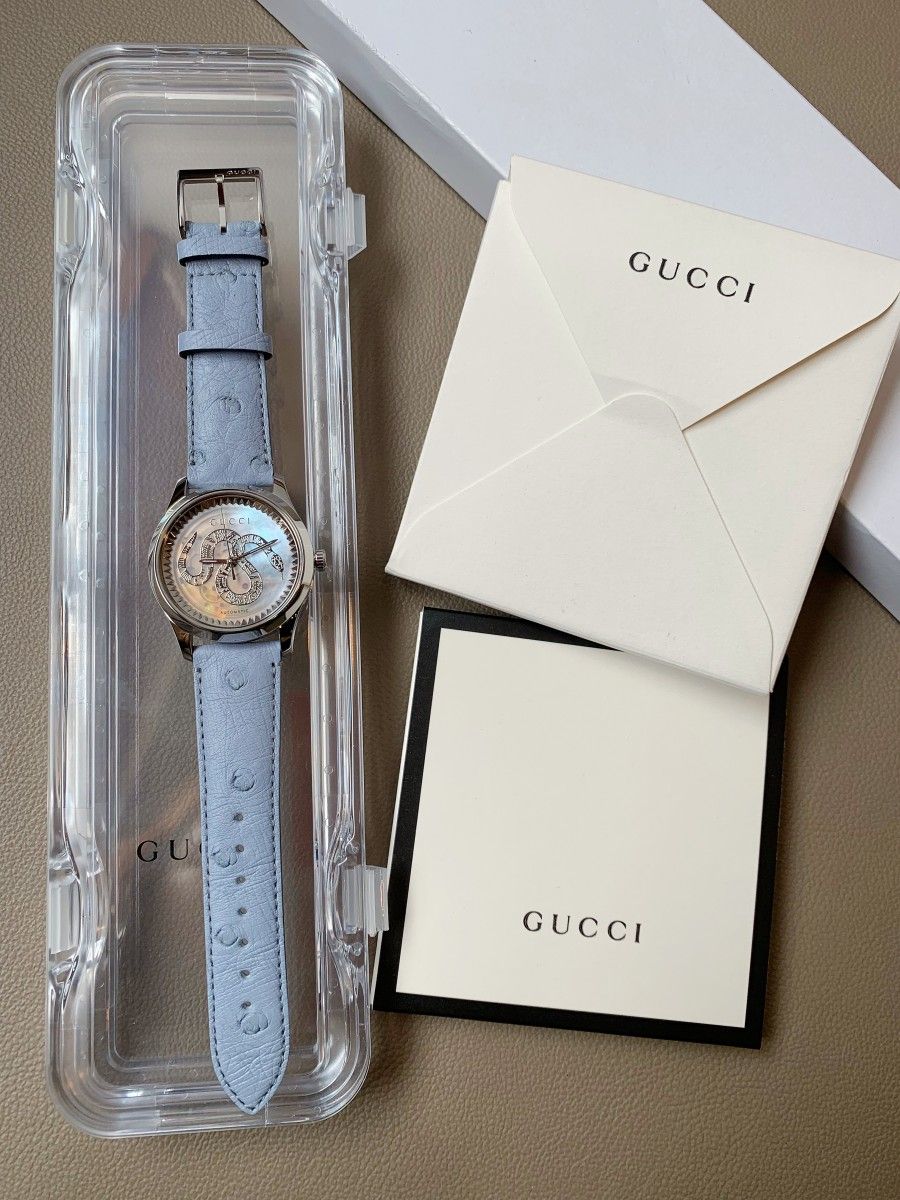 Gucci G Timeless Automatic Mother of Pearl Dial Blue Leather Strap Watch For Women - YA1264113