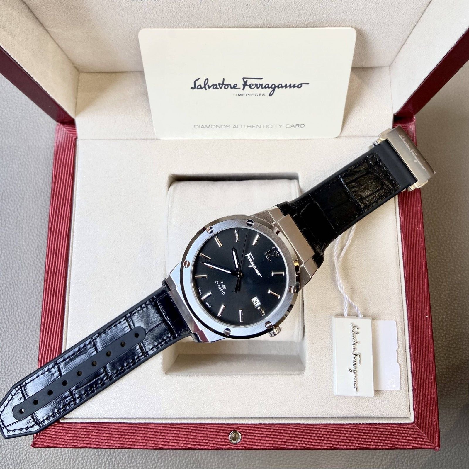 Salvatore Ferragamo F-80 Classic Black Dial Black Leather Strap  Watch for Men - SFDT00219