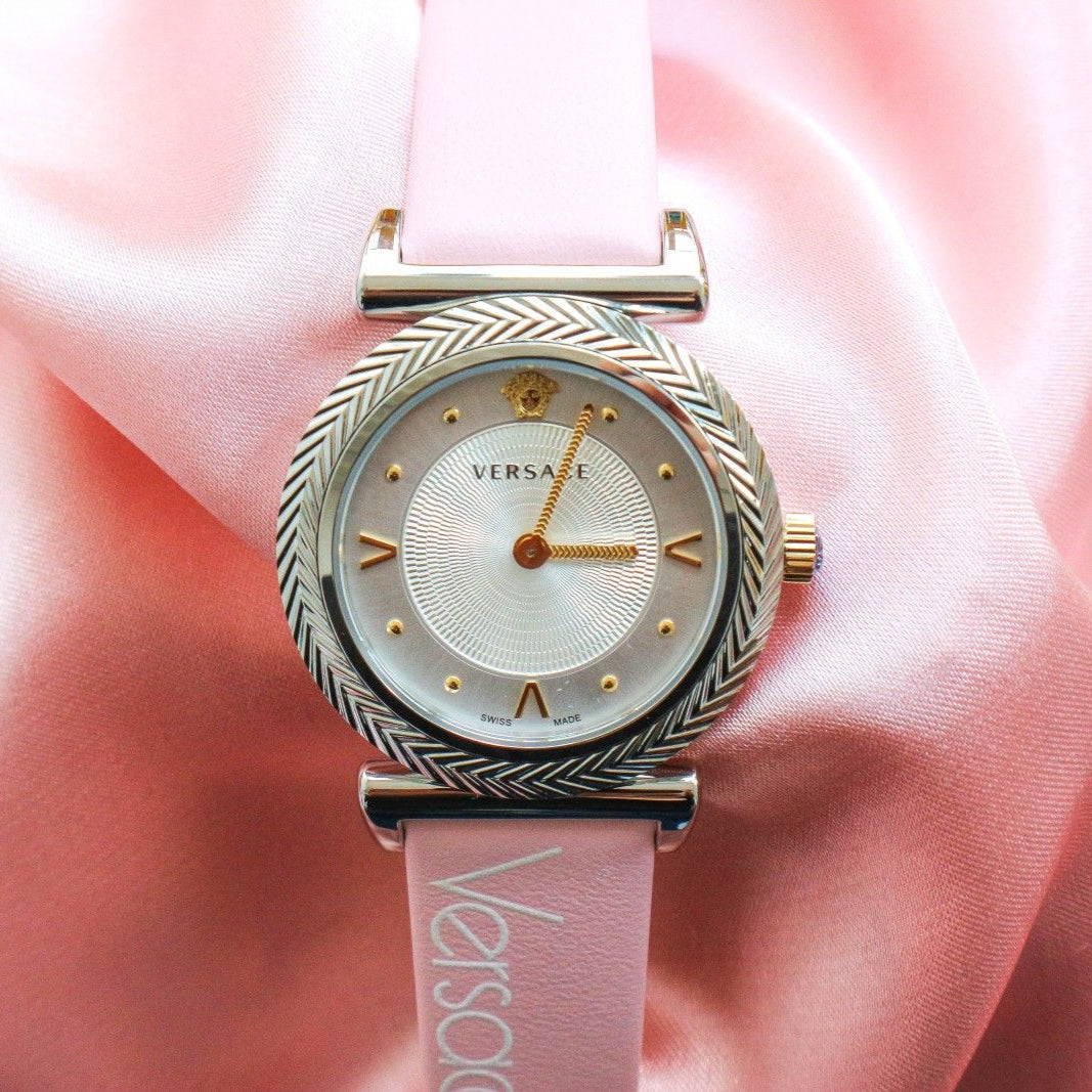 Versace V-Motif Silver Dial Pink Leather Strap Watch for Women - VERE00118