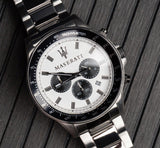 Maserati SFIDA Chronograph White Dial Silver Steel Strap Watch For Men - R8873640003