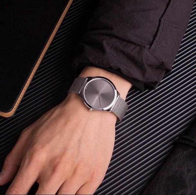 Calvin Klein Minimal Grey Dial Silver Mesh Bracelet Watch for Men - K3M211Y3