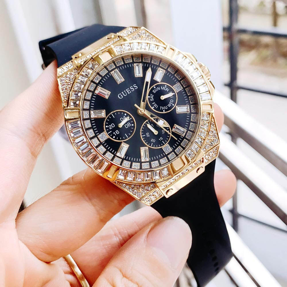 Guess Zeus Chronograph Diamonds Black Dial Black Silicone Strap Watch For Men - GW0208G2