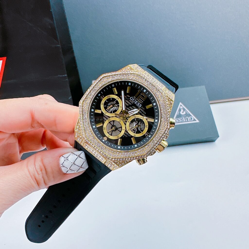 Guess Momentum Chronograph Diamonds Black Dial Black Silicone Strap Watch For Men - GW0518G2